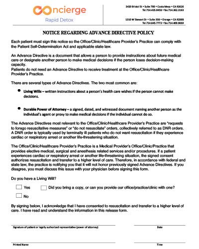 Notice Regarding Advance Directive Policy